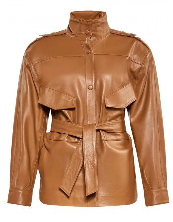 Women’s Red Long Belted Leather Jacket