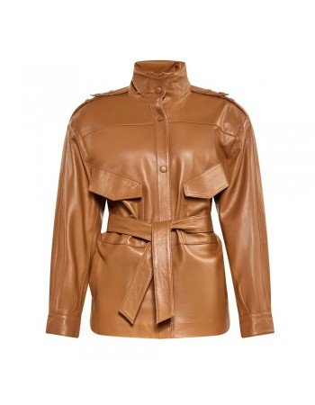 Women’s Red Long Belted Leather Jacket