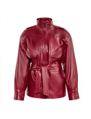 Women’s Red Long Belted Leather Jacket