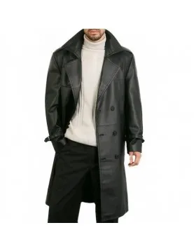 Augusta Guys Black Double Breasted Leather Overcoat