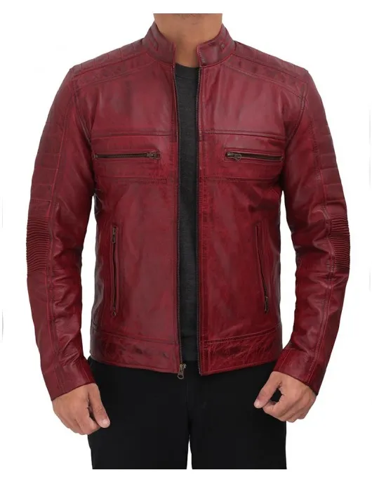 Austin Maroon Distressed Café Racer Leather Jacket Men's Austin Maroon Distressed Café Racer Leather Jacket Men's