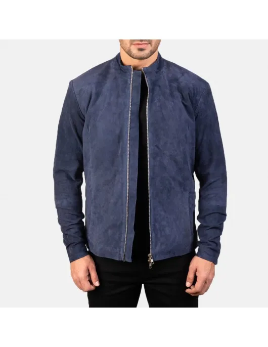 Charcoal Navy Blue Suede Biker Jacket