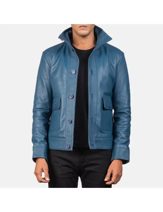 Columbus Blue Leather Bomber Jacket