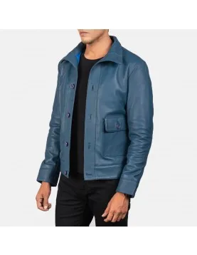 Columbus Blue Leather Bomber Jacket