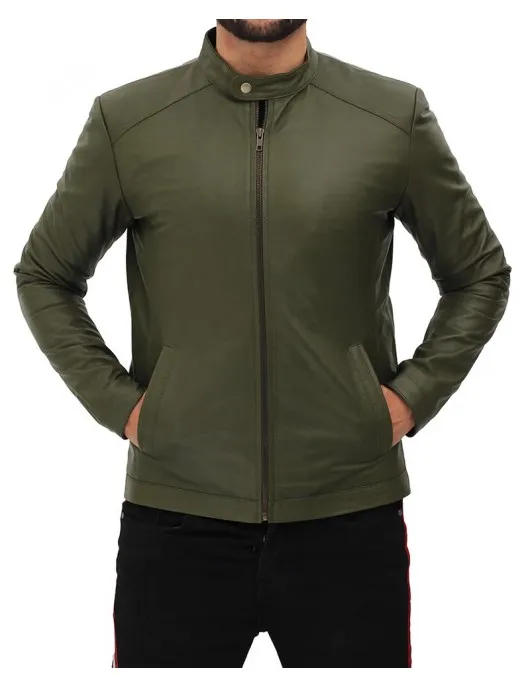 Fano Mens Army Green Snap Collar Leather Cafe Racer Jacket