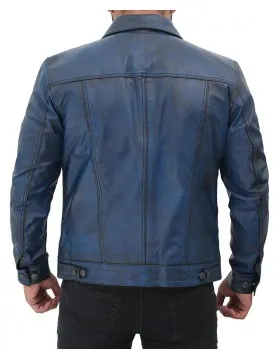 Fernando Mens Distressed Blue Trucker Leather Jacket