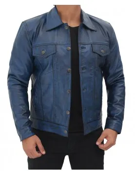 Fernando Mens Distressed Blue Trucker Leather Jacket