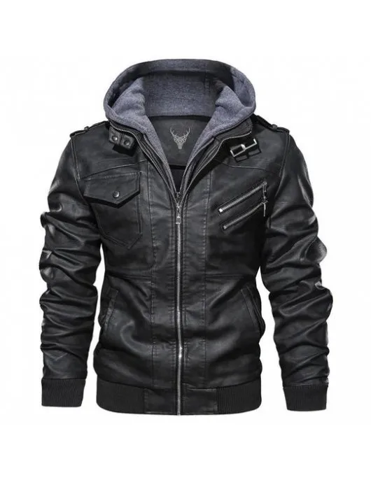 Ferndale Black Leather Jacket with Hood Mens Ferndale Black Leather Jacket with Hood Mens