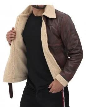 Foligno Brown Distressed Shearling Bomber Leather Jacket