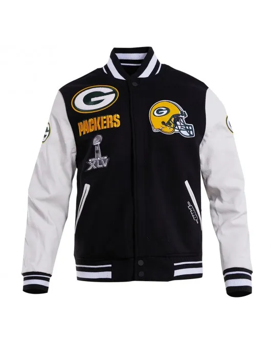 Green Bay Packers Black & White Wool Varsity Jacket Green Bay Packers Black & White Wool Varsity Jacket
