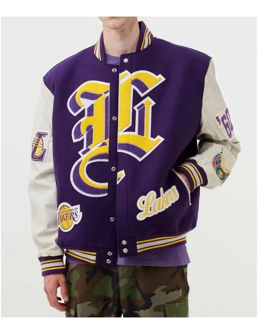 LA Lakers Letterman Purple Wool and White Leather Jacket