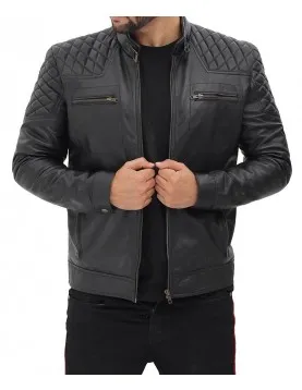 Massa Black Padded Shoulder Leather Jacket Mens