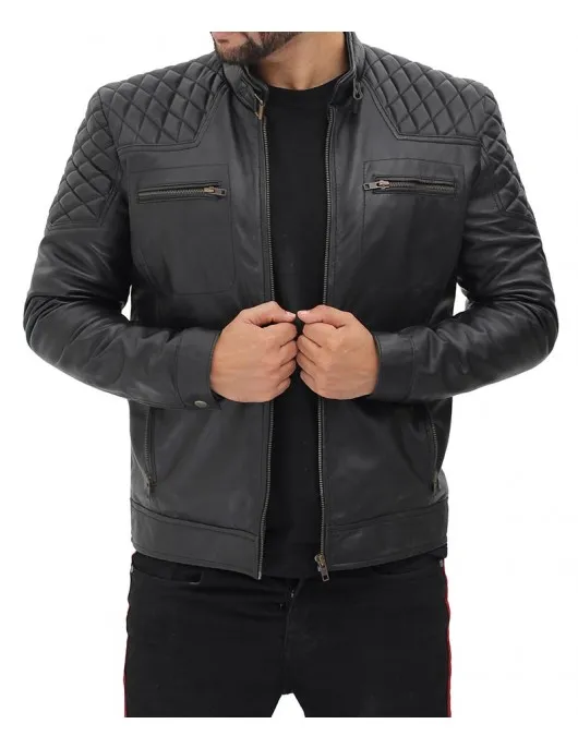 Massa Black Padded Shoulder Leather Jacket Mens