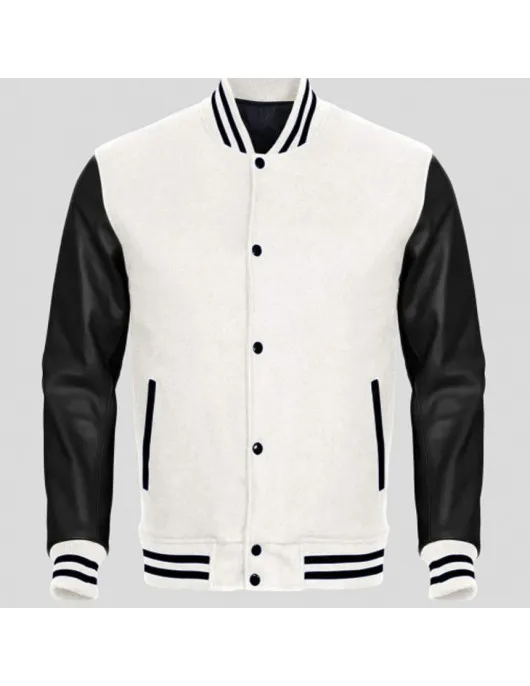 Men's Black Leather and White Wool Varsity Jacket