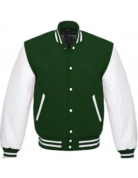 Men's White and Green Leather Bomber Varsity Jacket