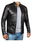 Mens Black Cafe Racer Biker Leather Jacket