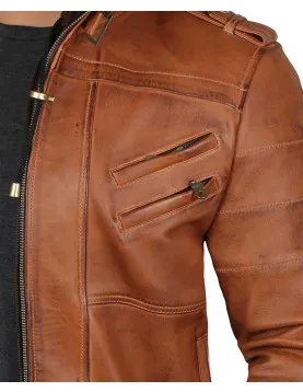 Mens Brown Leather Bomber Jacket - Removable Hood