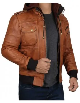 Mens Brown Leather Bomber Jacket - Removable Hood