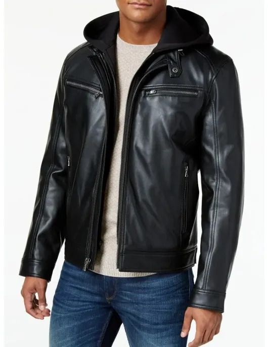 Mens Hooded Black Leather Jacket