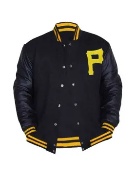Mens Pittsburgh Pirates P Logo Baseball Majestic Varsity Black Letterman Bomber Jacket
