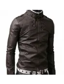 Men’s Belted Buckle Collar Slim Fit Dark Brown Jacket