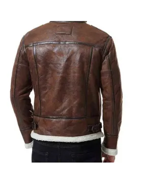 Men’s Biker Shearling Bomber Distressed Brown Leather Jacket