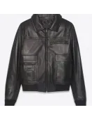 Men’s Black Sheepskin Leather Aviator Jacket with Removable Fur Collar