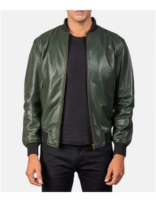 Men’s Bomber Casual Green Leather Jacket