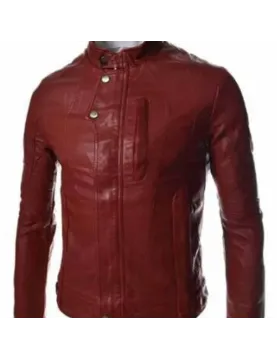 Men’s Casual Slim Fit Snap Tab Collar Maroon Faux Leather Jacket