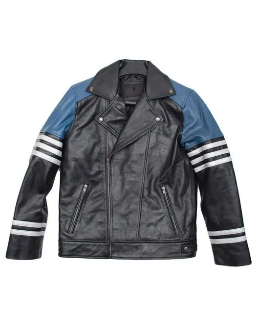Men’s Classic Black and Blue Striped Leather Biker Jacket Men’s Classic Black and Blue Striped Leather Biker Jacket