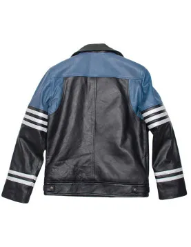 Men’s Classic Black and Blue Striped Leather Biker Jacket