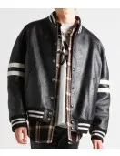 Men’s Homme Striped Black Leather Bomber Jacket Men’s Homme Striped Black Leather Bomber Jacket