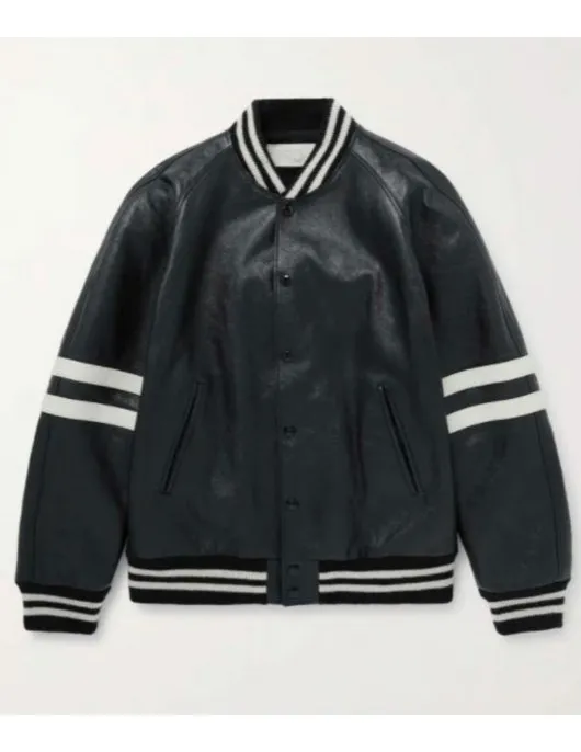 Men’s Homme Striped Black Leather Bomber Jacket Men’s Homme Striped Black Leather Bomber Jacket