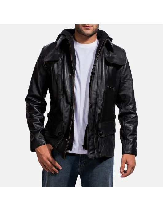 Moulder Hooded Black Leather Jacket