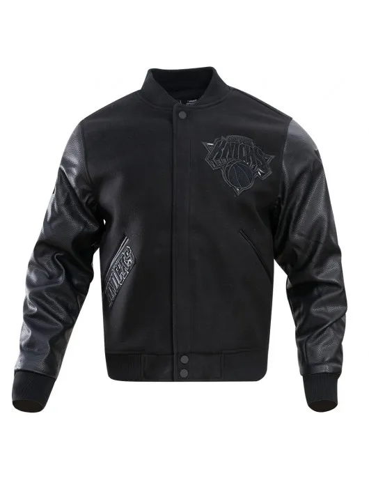 NY Knicks Wool/Leather All Black Varsity Jacket NY Knicks Wool/Leather All Black Varsity Jacket
