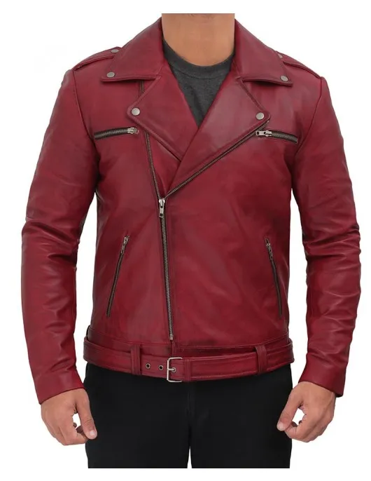 Negan Asymmetrical Leather Maroon Biker Jacket Negan Asymmetrical Leather Maroon Biker Jacket