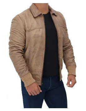 Steven Mens Beige Leather Bomber Jacket