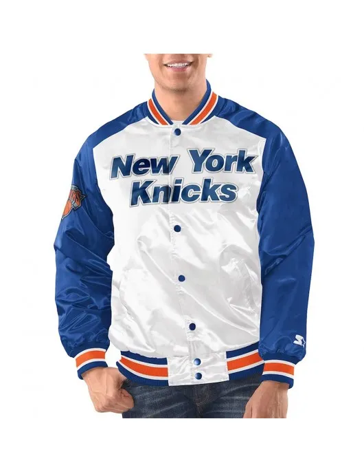 White/Blue New York Knicks Renegade Varsity Satin Jacket White/Blue New York Knicks Renegade Varsity Satin Jacket