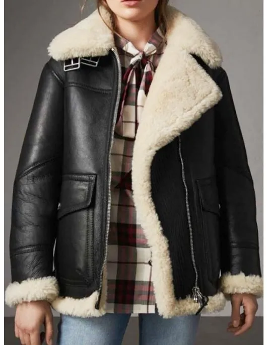Women’s Aviator Ivory Shearling Black Leather Jacket Women’s Aviator Ivory Shearling Black Leather Jacket