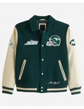 NY Jets Green and Eggshell Varsity Bomber Jacket