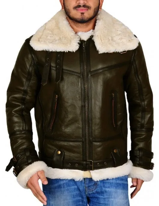 Mens Army Green Bomber Leather Jacket