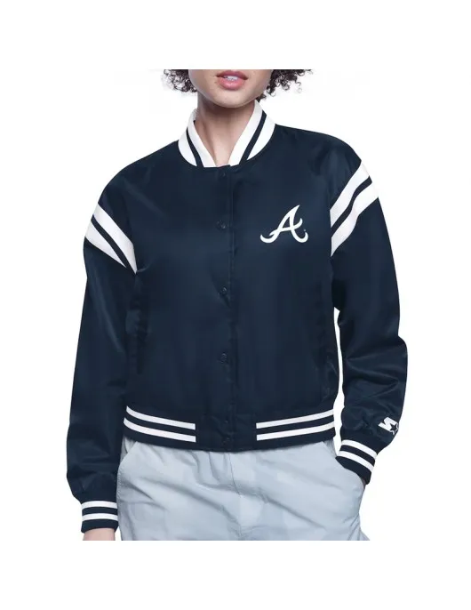 Atlanta Braves Printed Logo Navy Varsity Satin Jacket Atlanta Braves Printed Logo Navy Varsity Satin Jacket