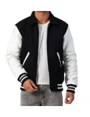 Black Body & White Leather Sleeves Letterman Jacket With Byron Collar and Zipper