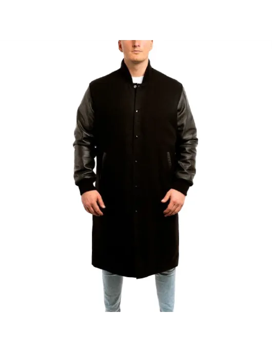 Black Wool Body & Black Leather Sleeves Letterman Coat