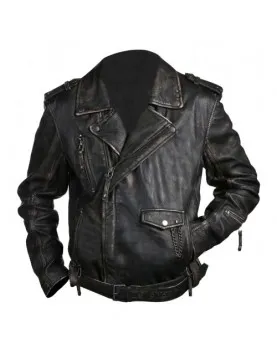 Brando Biker Vintage Cafe Racer Distressed Black Leather Jacket