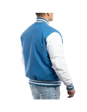 Bright White Leather Sleeves &amp; Newark Blue Wool Body Letterman Jacket