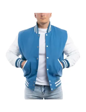 Bright White Leather Sleeves &amp; Newark Blue Wool Body Letterman Jacket