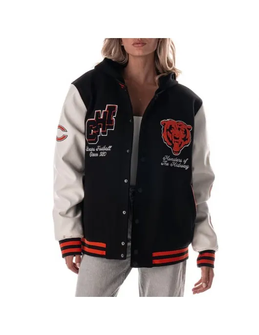 Chicago Bears Black and White Hooded Varsity Jacket
