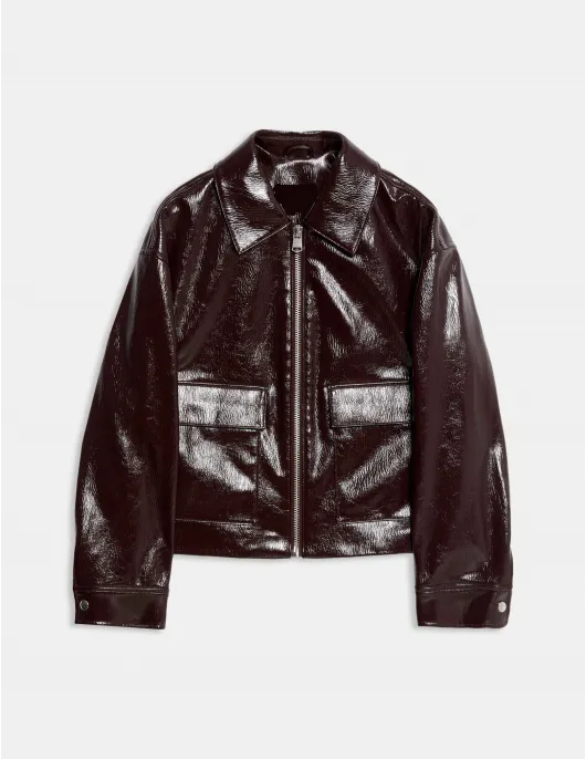 Faux Leather Lacquered Harrington Brown Jacket