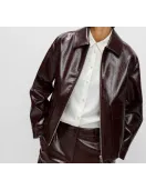 Faux Leather Lacquered Harrington Brown Jacket